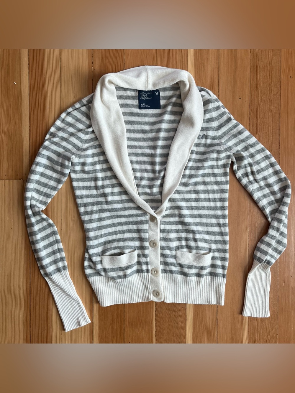 American Eagle 2009 grey and white striped button down cardigan sweater